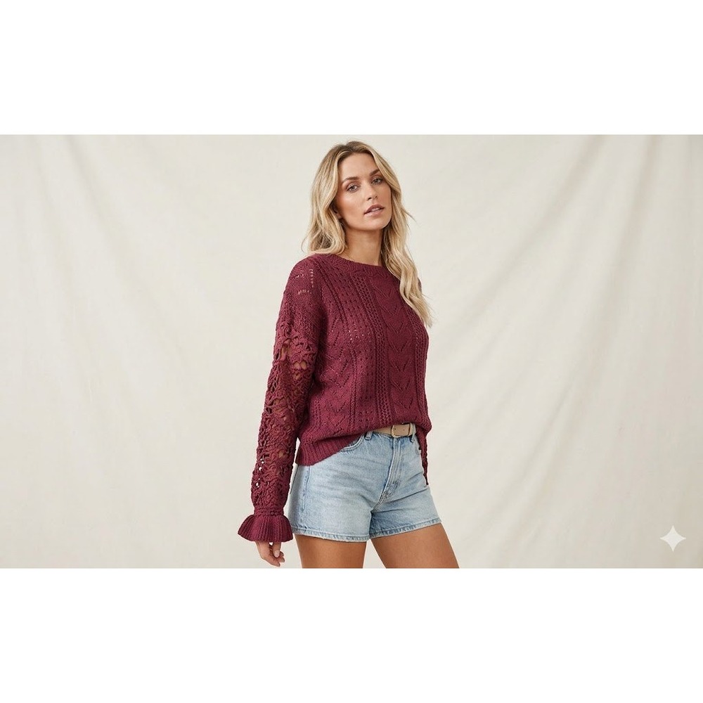 Dokotoo Burgundy Crochet Lace Sleeve Pointelle Knit Ruffle Cuff Sweater Small